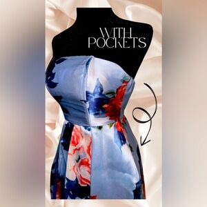 New! Blue floral High-Low Dress, Juniors Size 1, Strapless with Pockets 💙🌸🌺